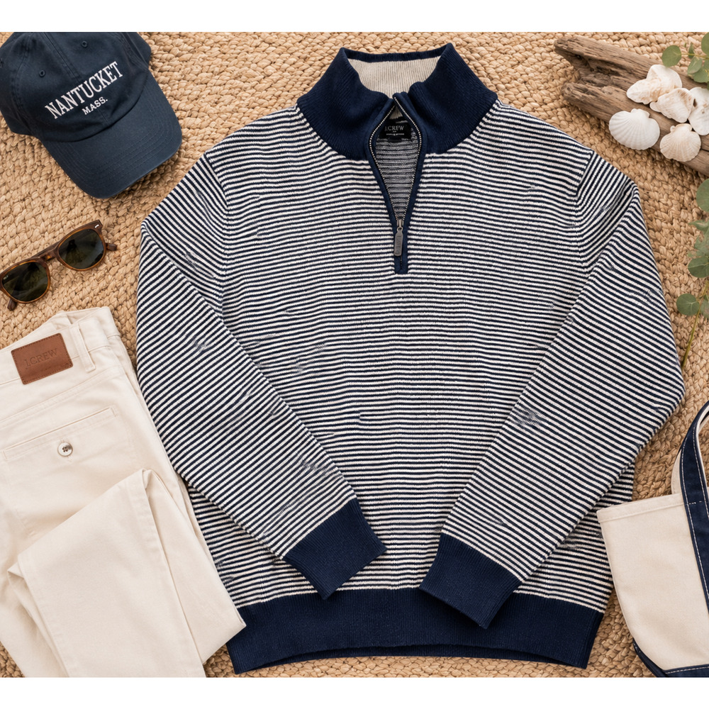 J Crew Men’s Long Sleeve Pullover Striped 1/4 Zip Sweater Blue White Size XL New